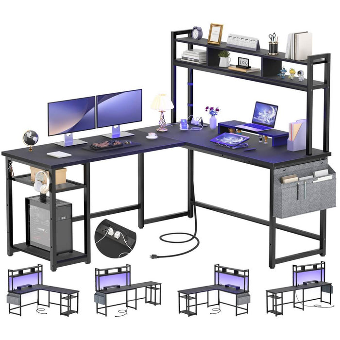 L Shaped Desk with Hutch, Outlets & LED Light, Reversible