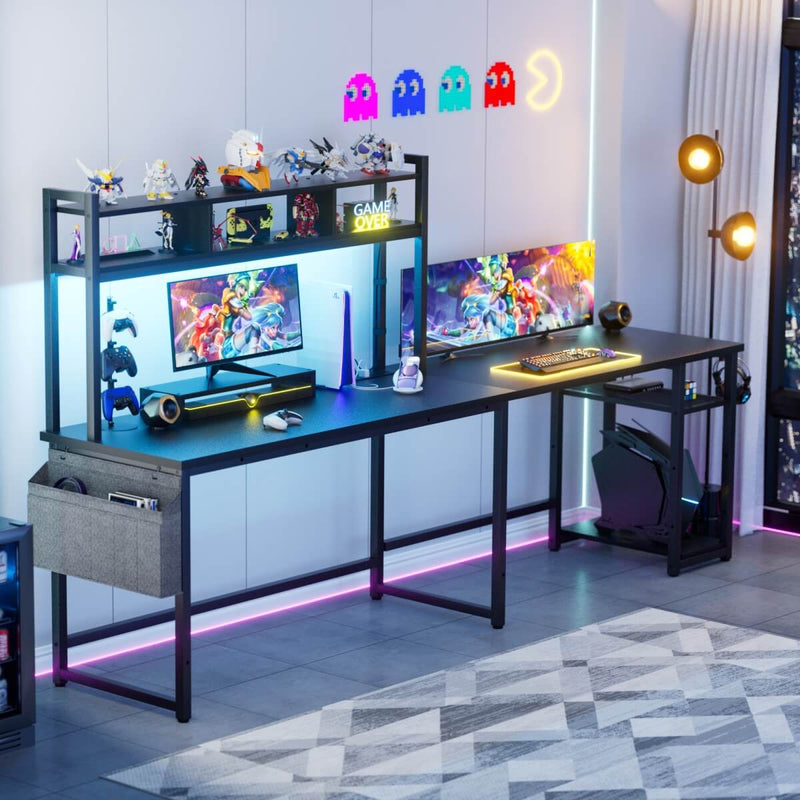 L Shaped Desk with Hutch, Outlets & LED Light, Reversible