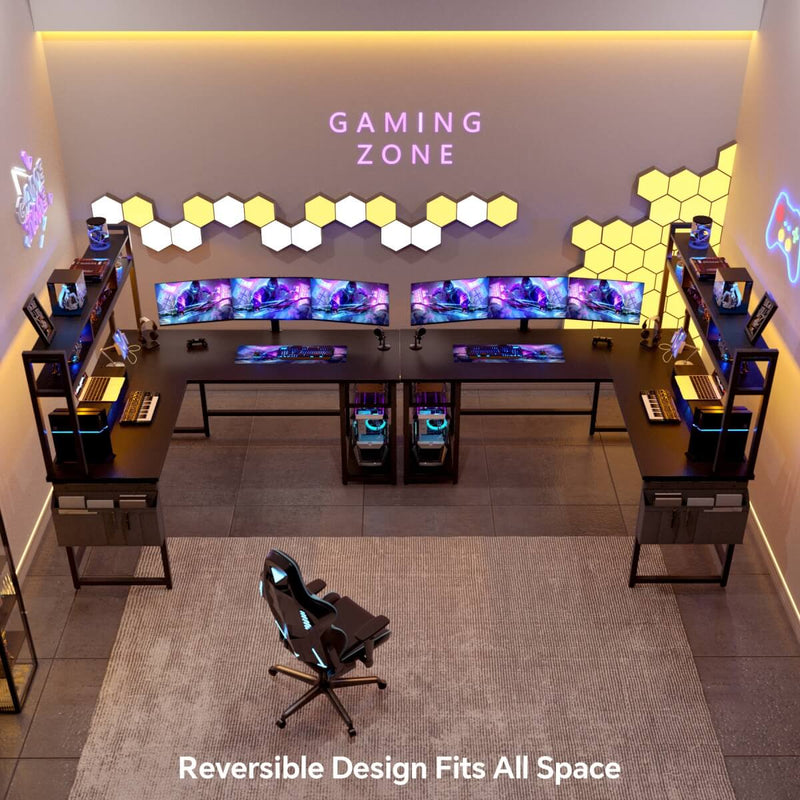 L Shaped Desk with Hutch, Outlets & LED Light, Reversible