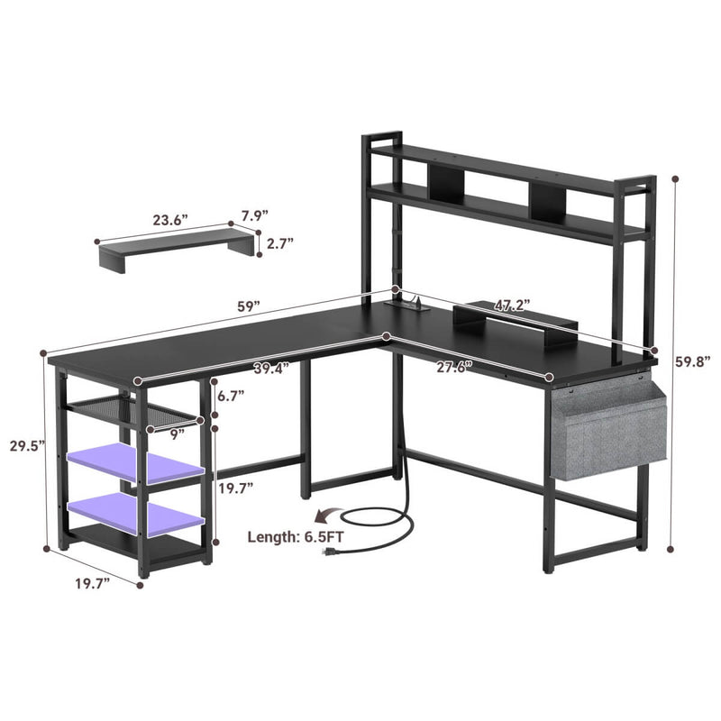 L Shaped Desk with Hutch, Outlets & LED Light, Reversible