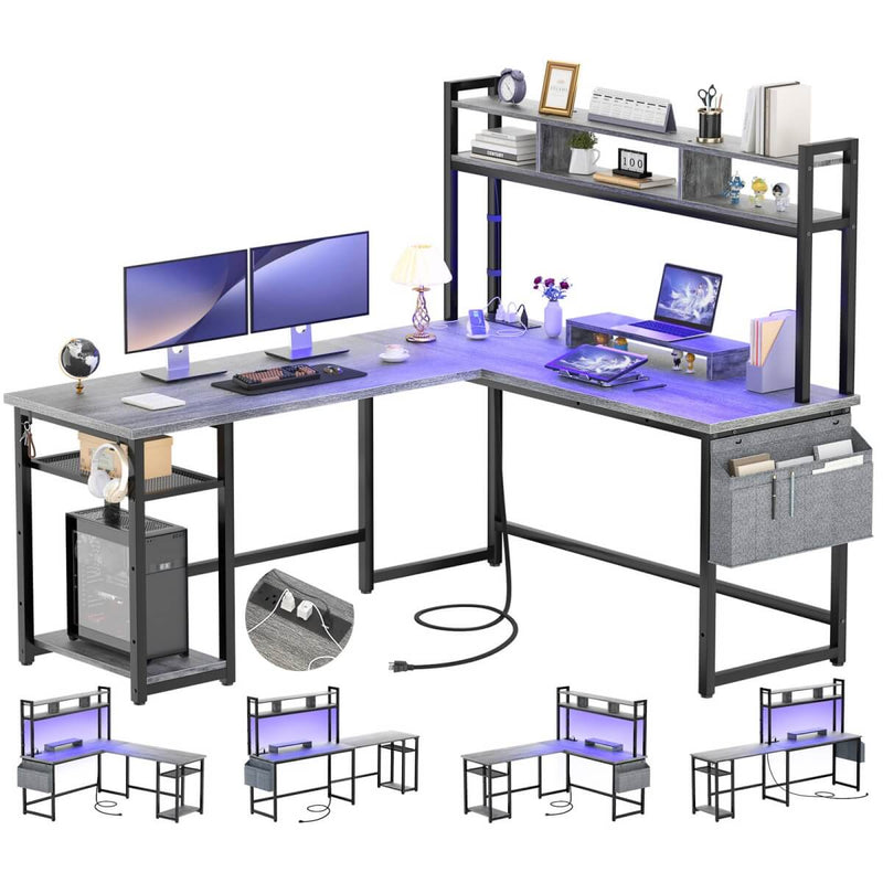 L Shaped Desk with Hutch, Outlets & LED Light, Reversible