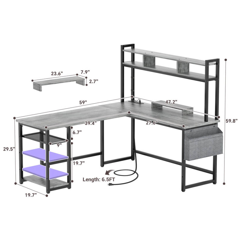 L Shaped Desk with Hutch, Outlets & LED Light, Reversible