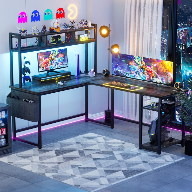 L Shaped Desk with Hutch, Outlets & LED Light, Reversible