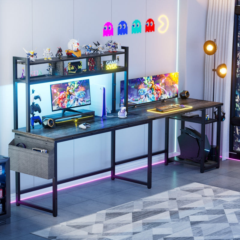 L Shaped Desk with Hutch, Outlets & LED Light, Reversible