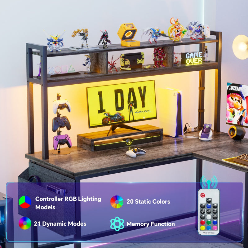 L Shaped Desk with Hutch, Outlets & LED Light, Reversible