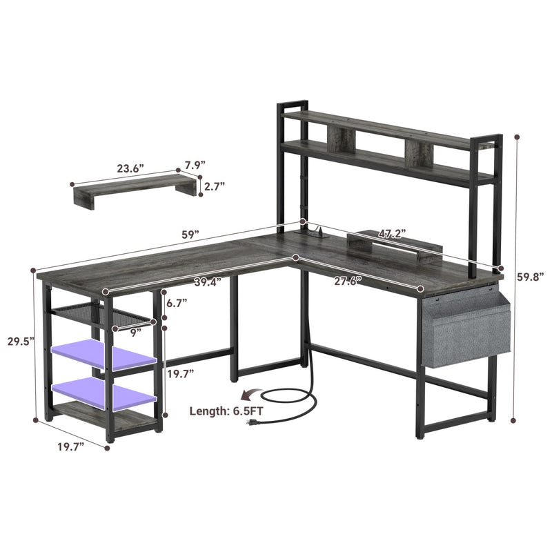L Shaped Desk with Hutch, Outlets & LED Light, Reversible