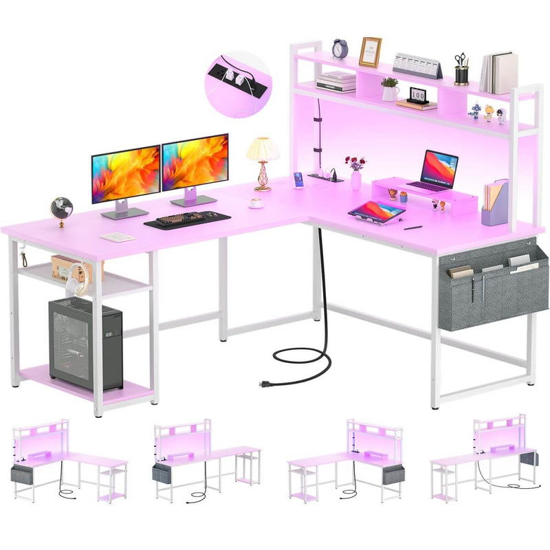 L Shaped Desk with Hutch, Outlets & LED Light, Reversible