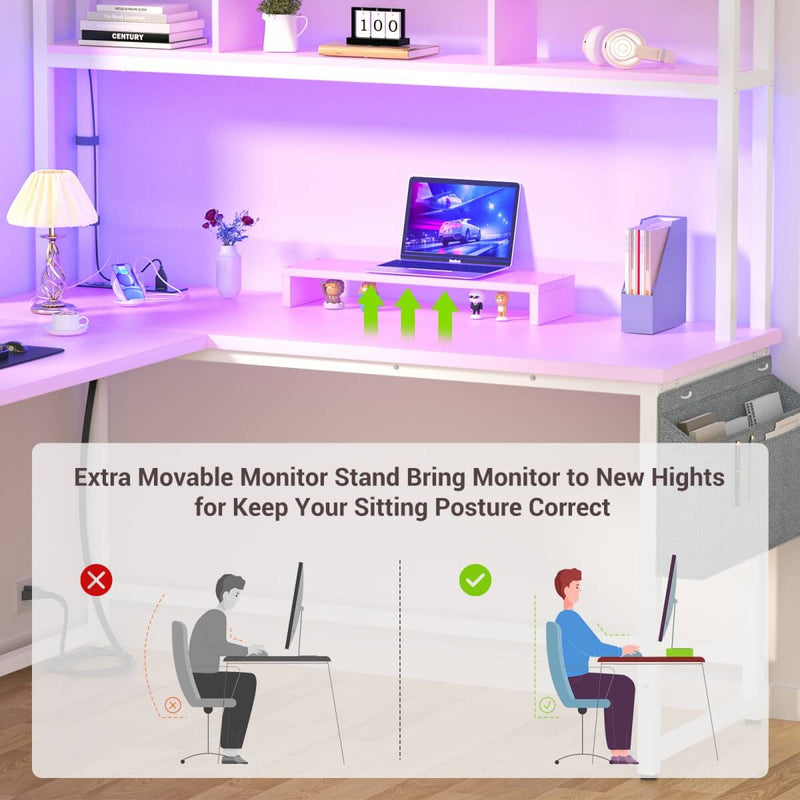 L Shaped Desk with Hutch, Outlets & LED Light, Reversible