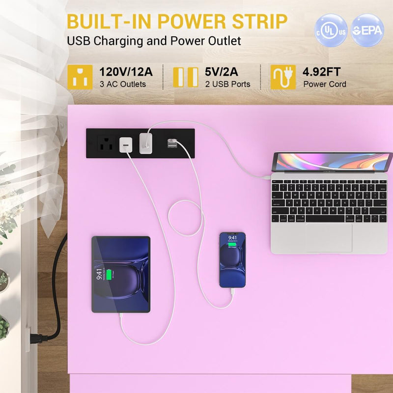 L Shaped Desk with Hutch, Outlets & LED Light, Reversible