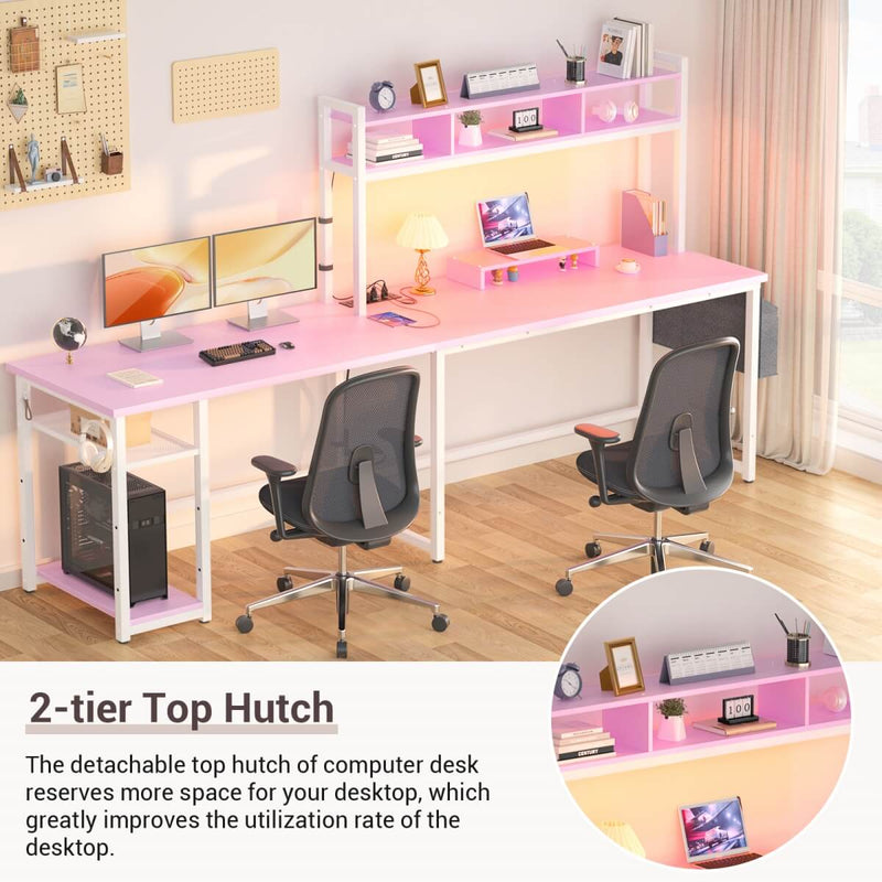 L Shaped Desk with Hutch, Outlets & LED Light, Reversible