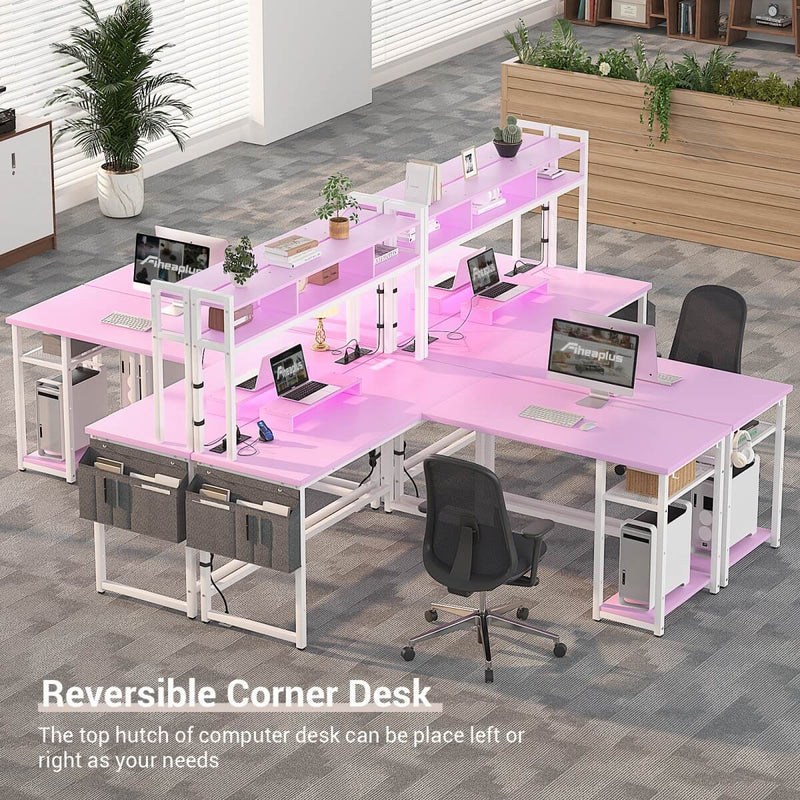 L Shaped Desk with Hutch, Outlets & LED Light, Reversible