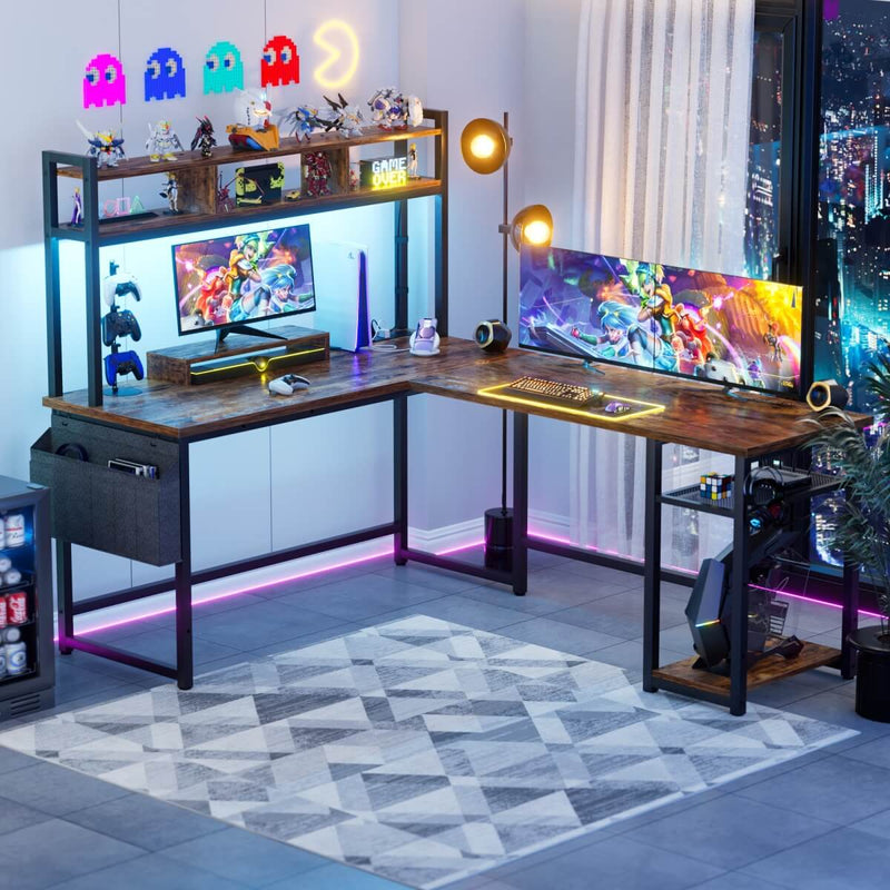 L Shaped Desk with Hutch, Outlets & LED Light, Reversible