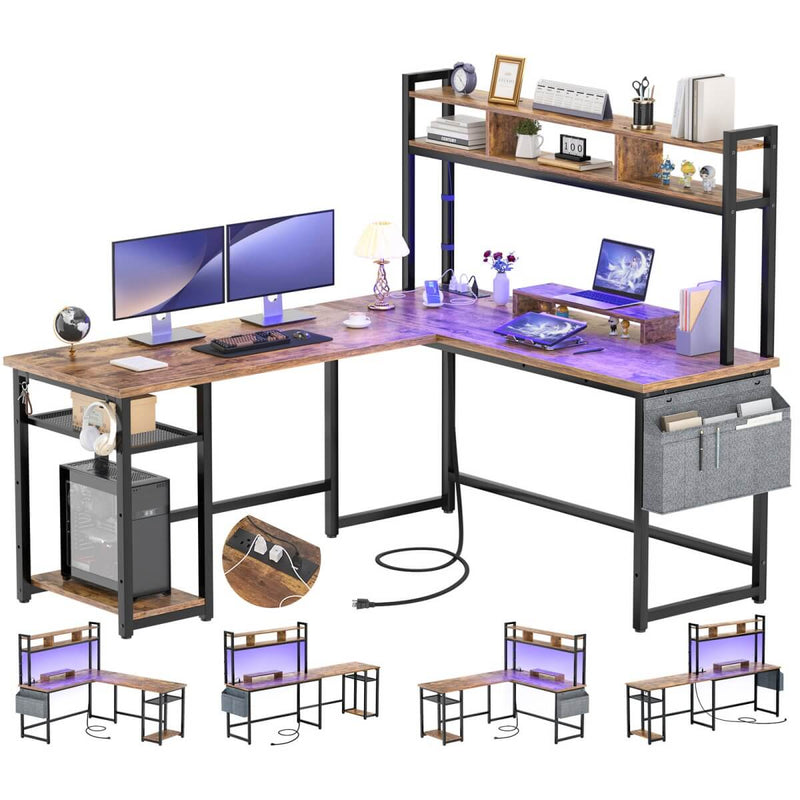 L Shaped Desk with Hutch, Outlets & LED Light, Reversible