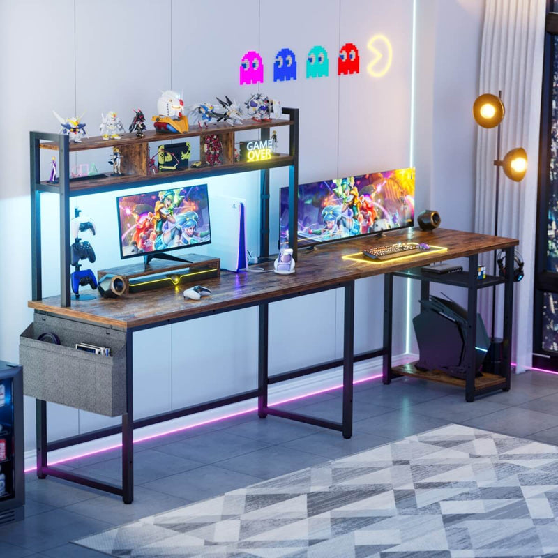 L Shaped Desk with Hutch, Outlets & LED Light, Reversible