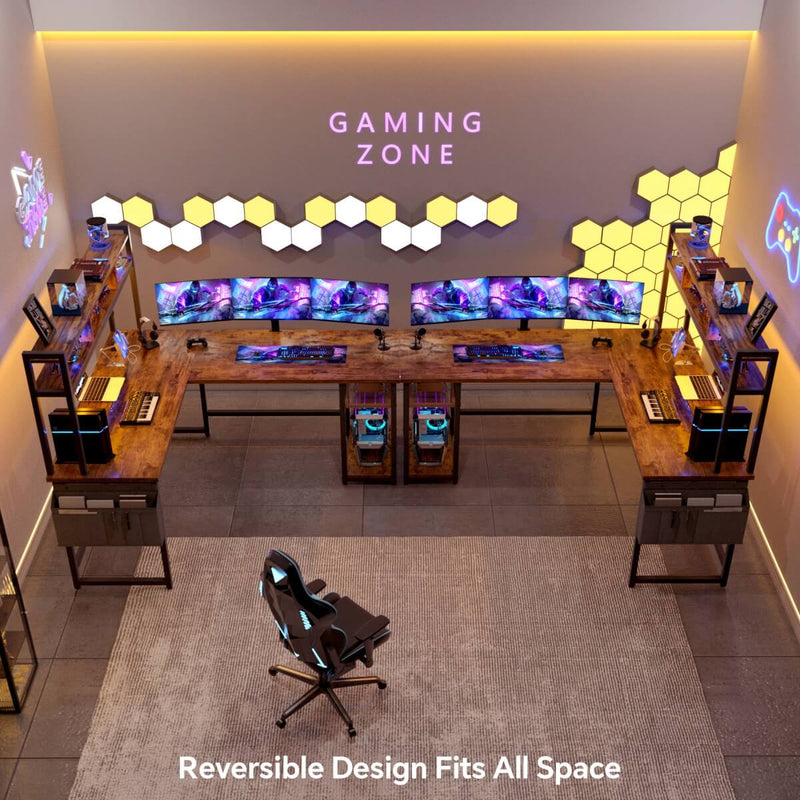 L Shaped Desk with Hutch, Outlets & LED Light, Reversible