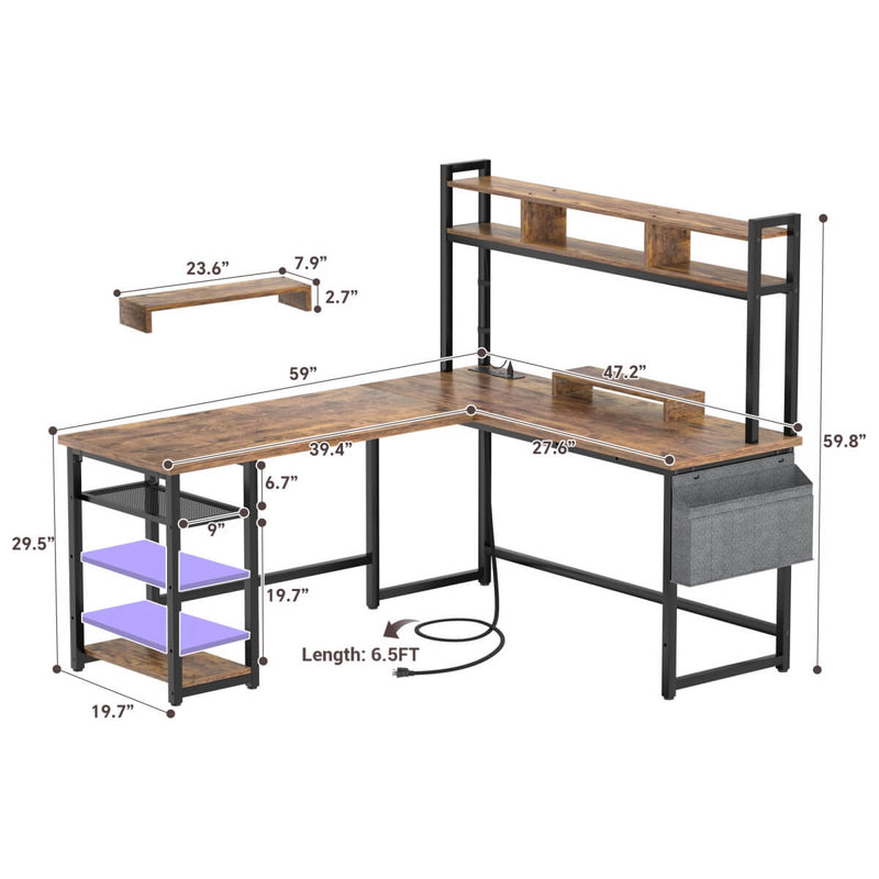 L Shaped Desk with Hutch, Outlets & LED Light, Reversible