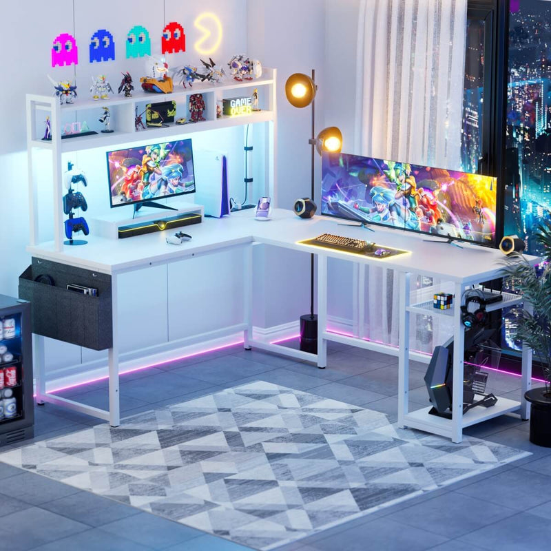 L Shaped Desk with Hutch, Outlets & LED Light, Reversible