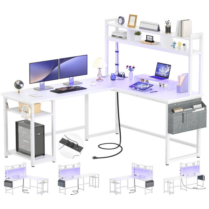 L Shaped Desk with Hutch, Outlets & LED Light, Reversible