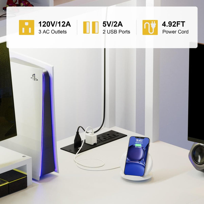 L Shaped Desk with Hutch, Outlets & LED Light, Reversible