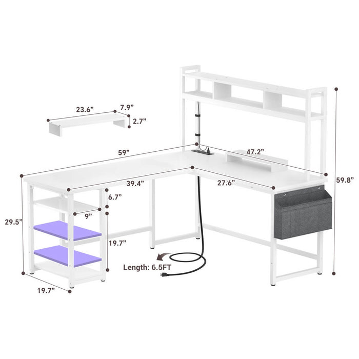 L Shaped Desk with Hutch, Outlets & LED Light, Reversible