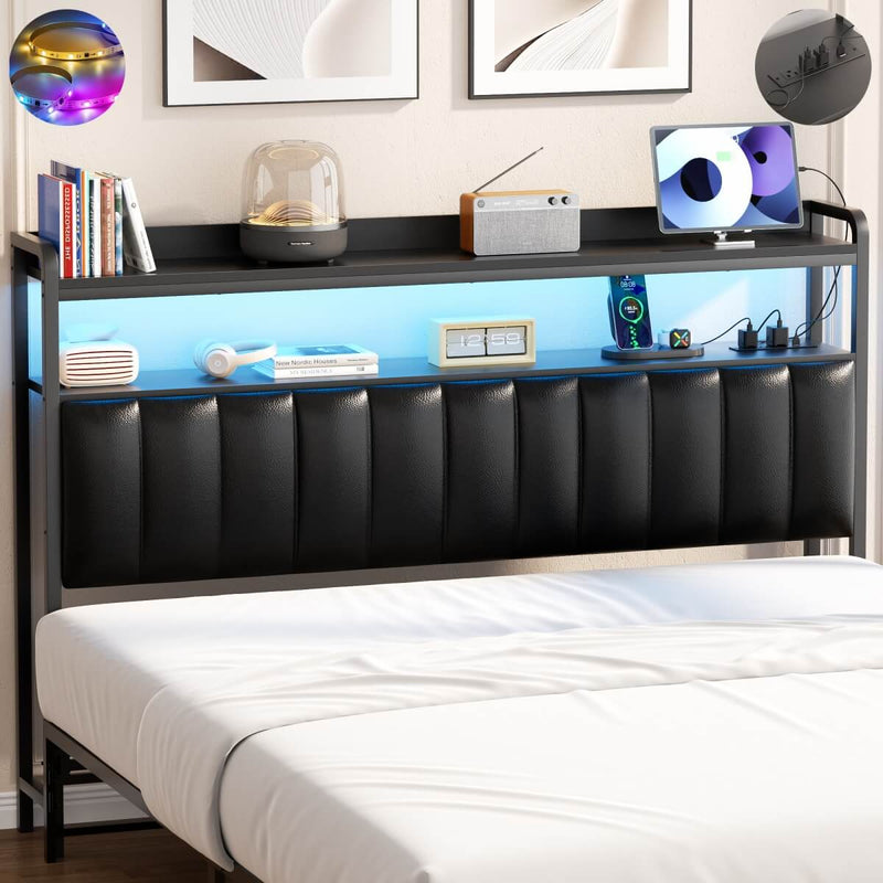 Black Headboard with Upholstered, Power Outlets, and LED Light
