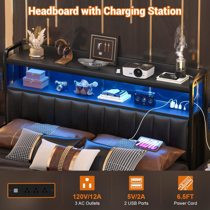 Black Headboard with Upholstered, Power Outlets, and LED Light