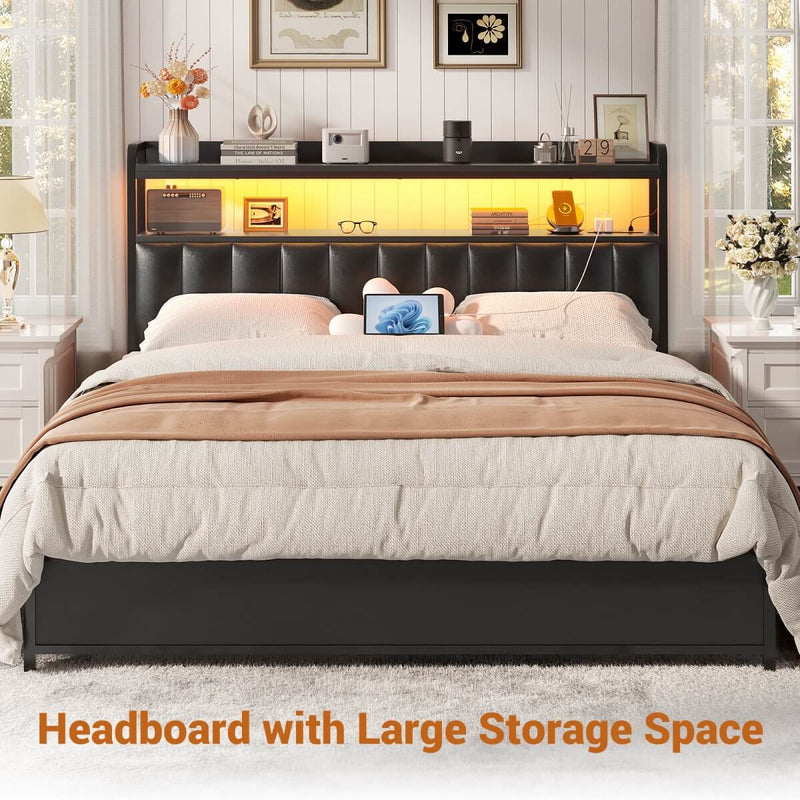 Black Headboard with Upholstered, Power Outlets, and LED Light