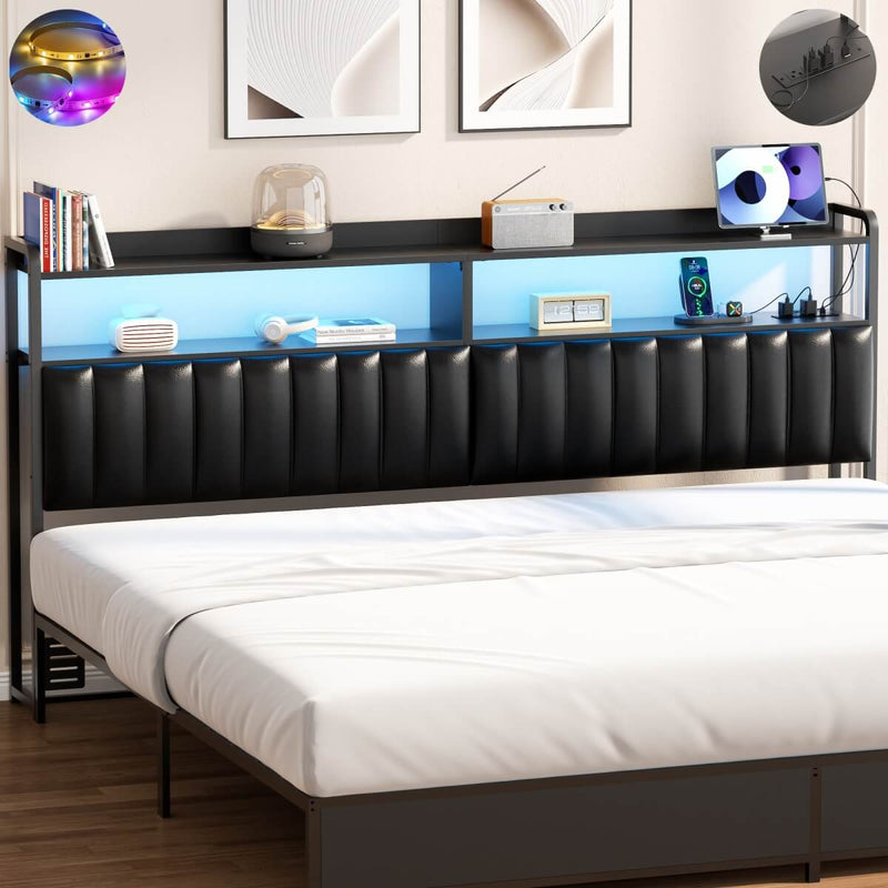 Black Headboard with Upholstered, Power Outlets, and LED Light