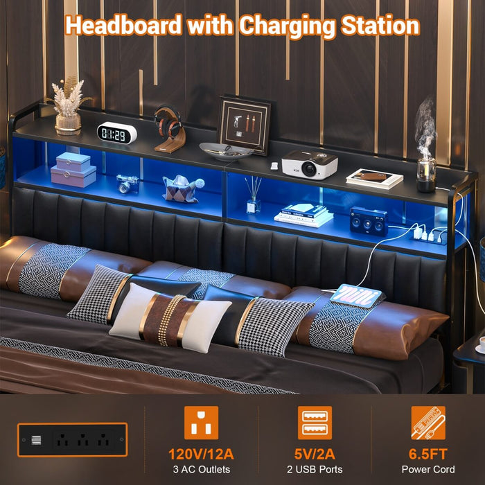 Black Headboard with Upholstered, Power Outlets, and LED Light