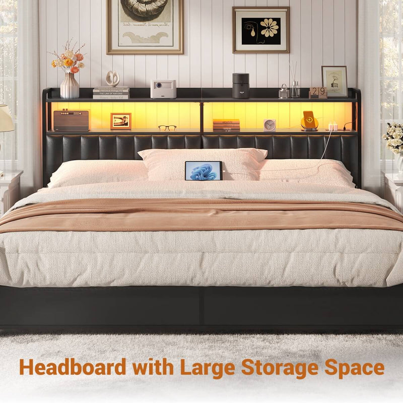 Black Headboard with Upholstered, Power Outlets, and LED Light