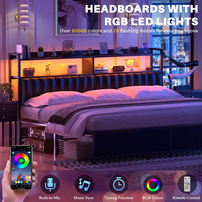 Black Headboard with Upholstered, Power Outlets, and LED Light