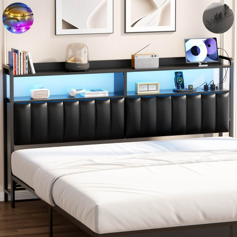 Black Headboard with Upholstered, Power Outlets, and LED Light