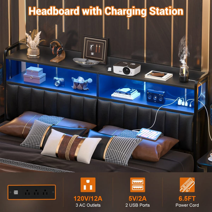 Black Headboard with Upholstered, Power Outlets, and LED Light