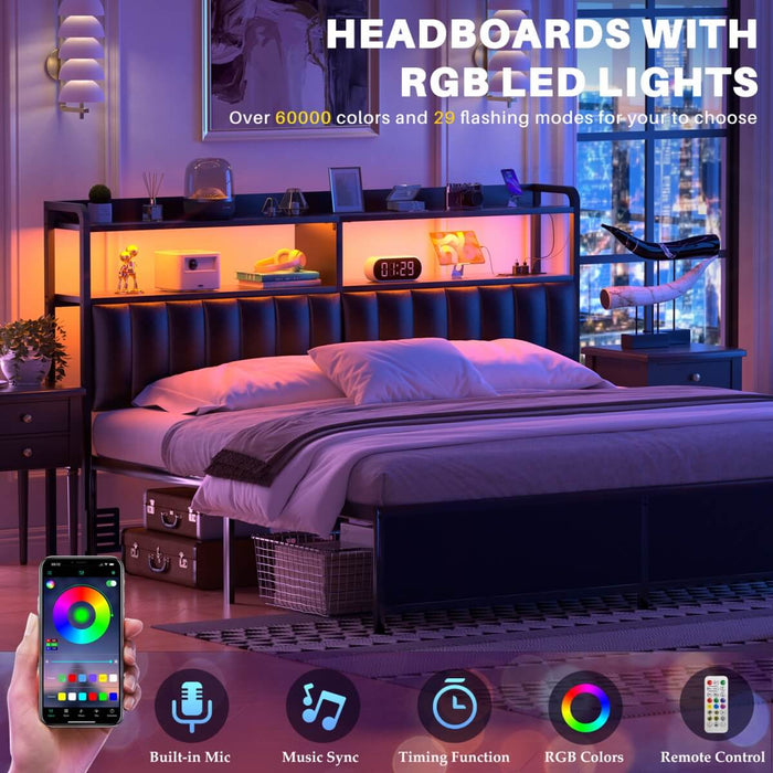Black Headboard with Upholstered, Power Outlets, and LED Light