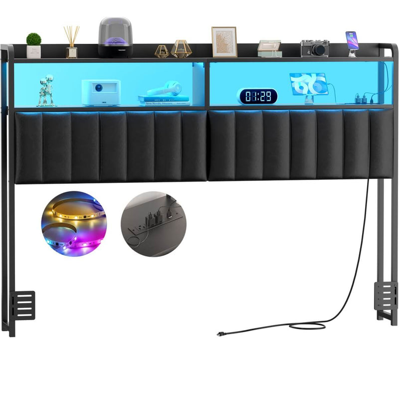 Black Headboard with Upholstered, Power Outlets, and LED Light