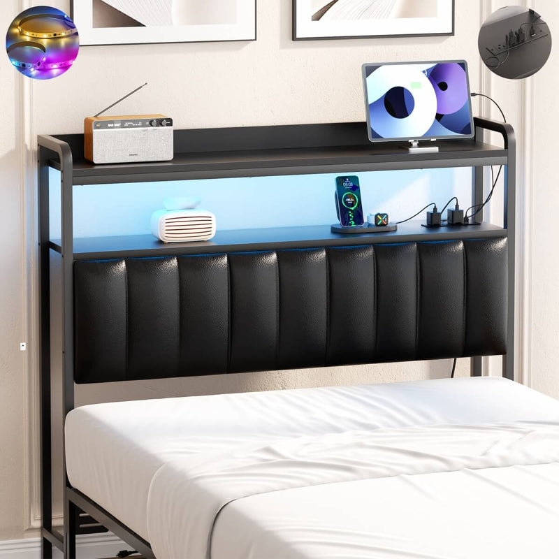 Black Headboard with Upholstered, Power Outlets, and LED Light