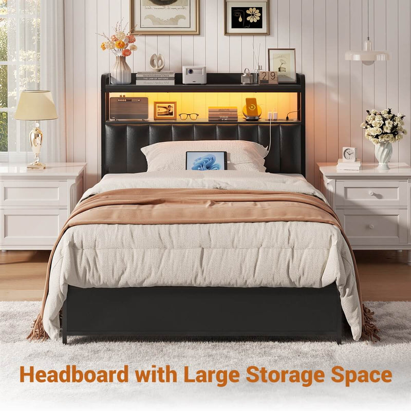Black Headboard with Upholstered, Power Outlets, and LED Light