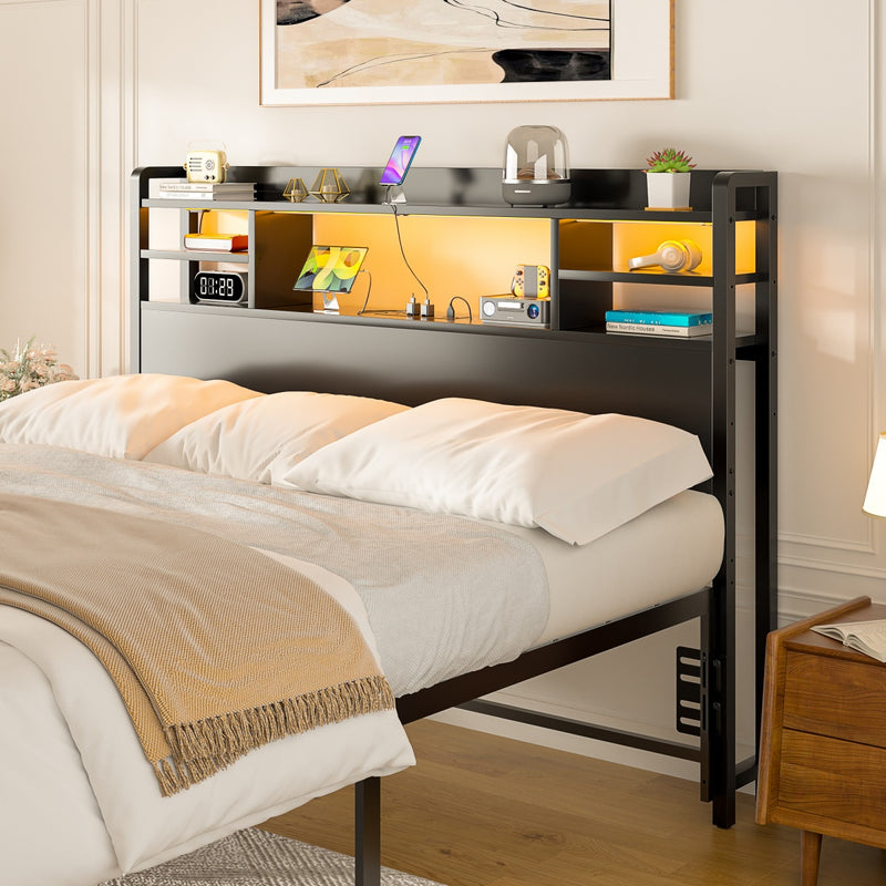 Full Size Bookcase Headboard with Storage, Power Outlets & RGB LED Lights
