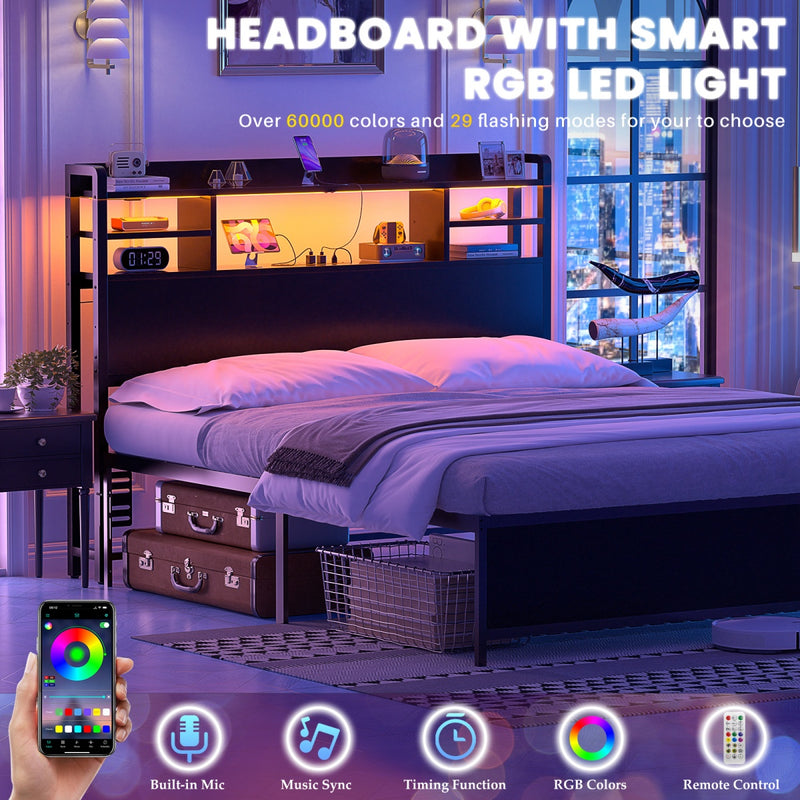 Full Size Bookcase Headboard with Storage, Power Outlets & RGB LED Lights