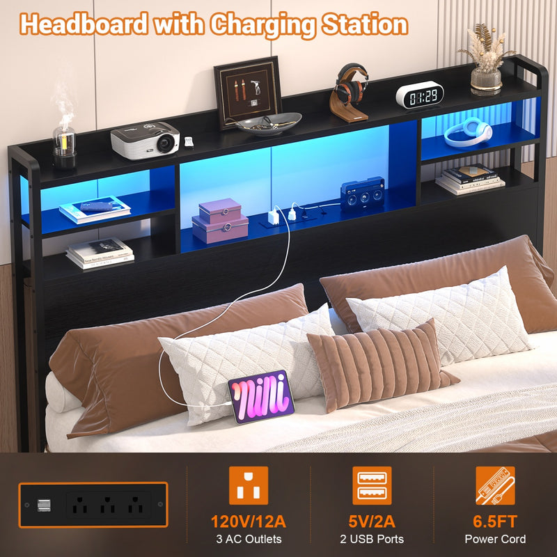 Full Size Bookcase Headboard with Storage, Power Outlets & RGB LED Lights