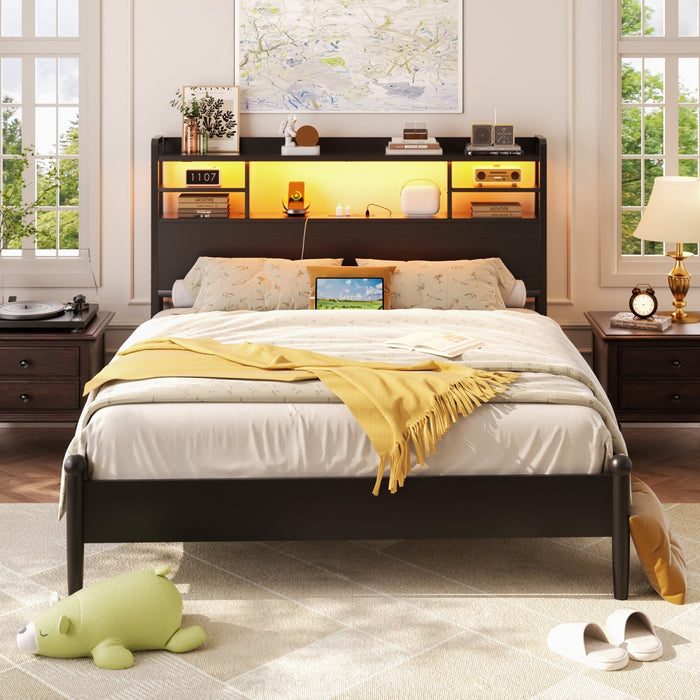 Full Size Bookcase Headboard with Storage, Power Outlets & RGB LED Lights