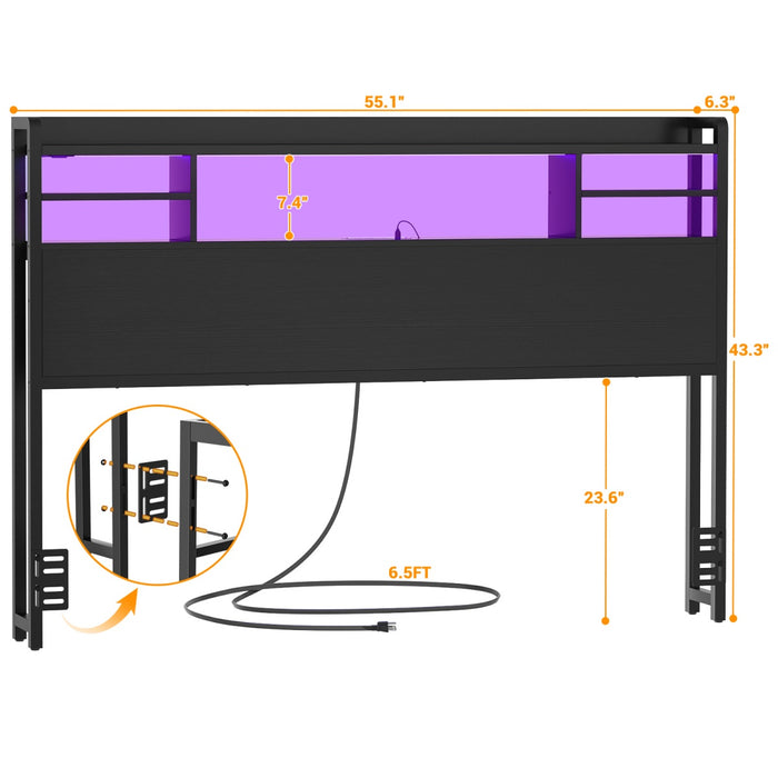 Full Size Bookcase Headboard with Storage, Power Outlets & RGB LED Lights