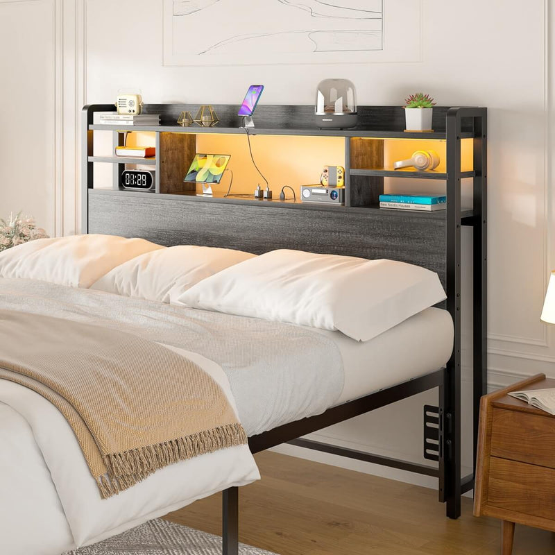 Full Size Bookcase Headboard with Storage, Power Outlets & RGB LED Lights