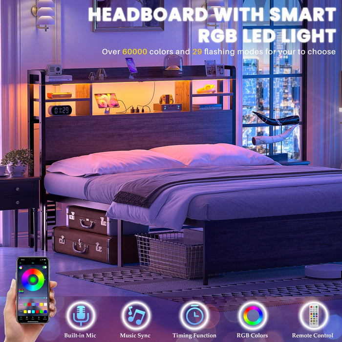 Full Size Bookcase Headboard with Storage, Power Outlets & RGB LED Lights