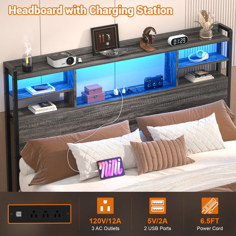 Full Size Bookcase Headboard with Storage, Power Outlets & RGB LED Lights