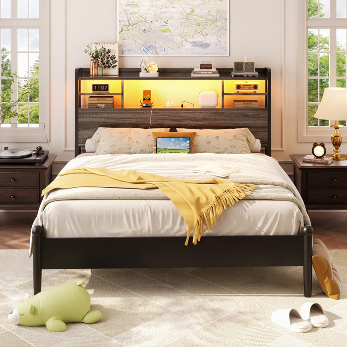 Full Size Bookcase Headboard with Storage, Power Outlets & RGB LED Lights