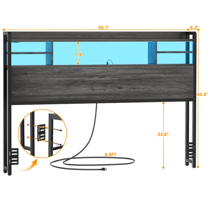 Full Size Bookcase Headboard with Storage, Power Outlets & RGB LED Lights