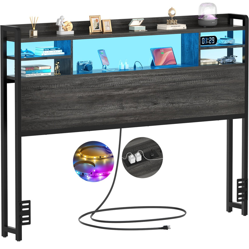 Full Size Bookcase Headboard with Storage, Power Outlets & RGB LED Lights