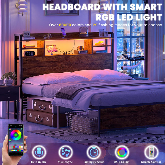 Full Size Bookcase Headboard with Storage, Power Outlets & RGB LED Lights