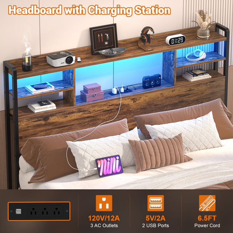 Full Size Bookcase Headboard with Storage, Power Outlets & RGB LED Lights